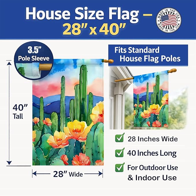 Caroline's Treasures Arizona Saguaro Cactus Blossom in Watercolor House Flag Large Porch Sleeve Pole Decorative Outside Yard Banner Artwork Wall Hanging, Polyester, House Size, Multicolor