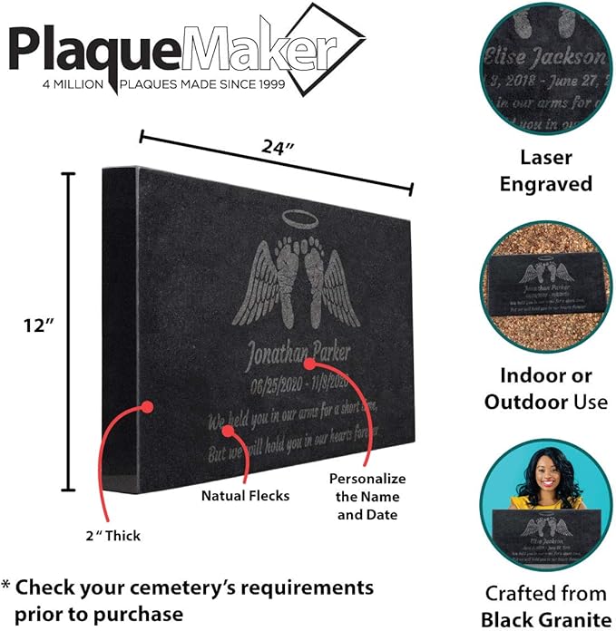 PlaqueMaker Black Granite Memorial Headstone Or Garden Memorial for Lost Infant or Child - Include You Personalized Text. Can be Used as a Sympathy Gift, Garden Stone or Grave Maker (24 x 12 x 2)