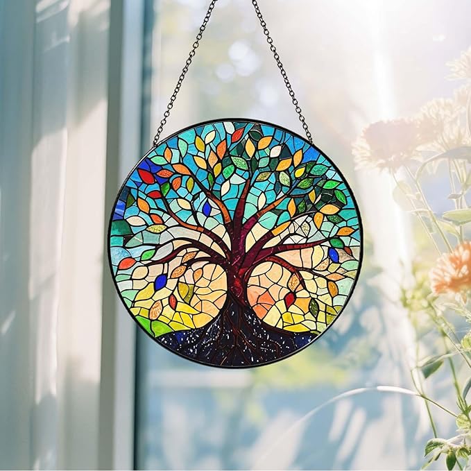 Tree of Life Sun Catcher Stained Glass Window Hanging for Women Home Decor Tree of Life Handmade Sun Catcher Decoration for Garden Home Housewarming Gifts, 7.87inch
