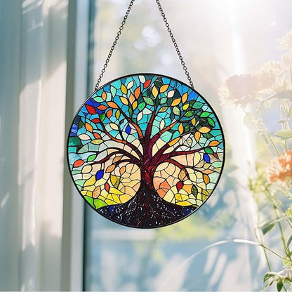 Tree of Life Sun Catcher Stained Glass Window Hanging for Women Home Decor Tree of Life Handmade Sun Catcher Decoration for Garden Home Housewarming Gifts, 7.87inch