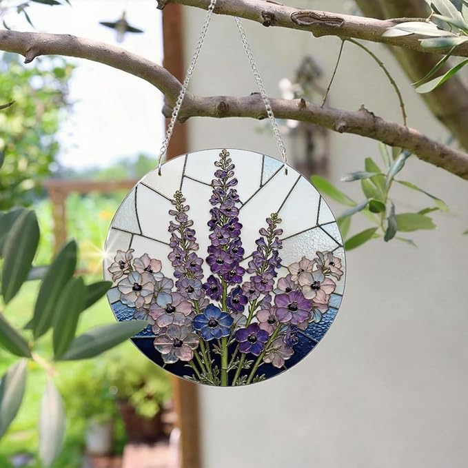 Purple Flower Window Hanging Suncatcher, Home Garden Hangings, Romantic Window Wall Art, Housewarming Gifts, for Mom Grandma Aunt, Acrylic Sun Catcher with Metal Chain