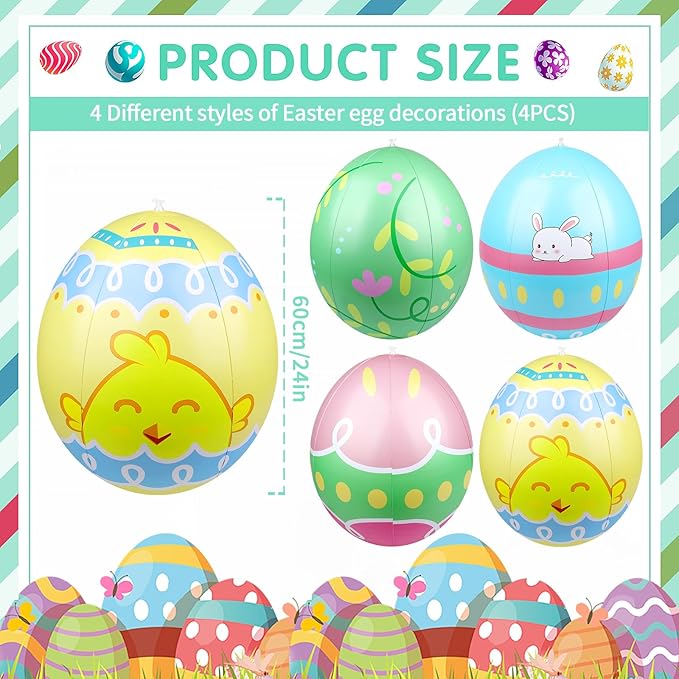 4 Packs 24 Inch Inflatable Easter Eggs Outdoor PVC Inflatable Hanging Eggs Blow Up Easter Egg for Egg Hunts Yard Garden Outdoor Decoration