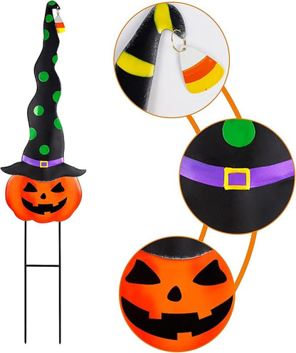 2 Pack Halloween/Thanksgiving Garden Decorations, Metal Jack-O-Lantern Yard Stakes with Witch Hats, Scary Yard Sign Outdoor Lawn Decor, Metal Pumpkin Art Garden Stake,Garden Sculpture Ornament