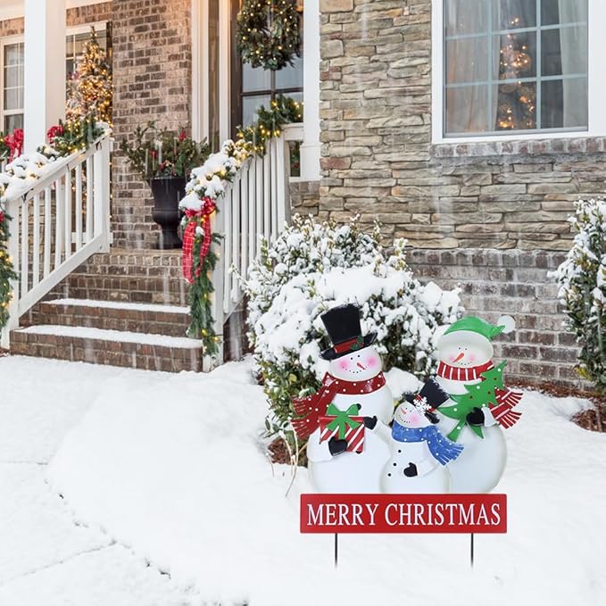 YEAHOME Outdoor Christmas Decorations, 3 Snowman Family Metal Decorative Garden Stakes for Outdoor Yard, Merry Christmas Yard Signs for Outside Garden Lawn Porch Pathway Xmas Decorations