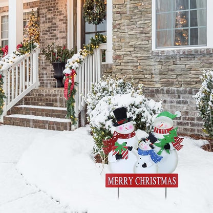 YEAHOME Outdoor Christmas Decorations, 3 Snowman Family Metal Decorative Garden Stakes for Outdoor Yard, Merry Christmas Yard Signs for Outside Garden Lawn Porch Pathway Xmas Decorations