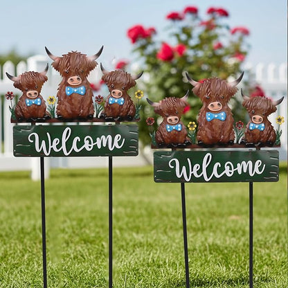 43.3inch Highland Cow Yard Stakes for Decorations Outdoor, Vintage Farmhouse Decorative Garden Stakes Large Metal Yard Art with Welcome Sign