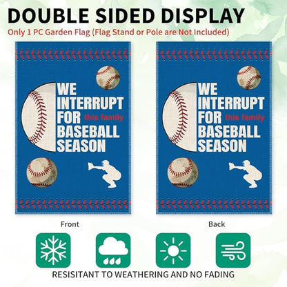 We Interrupt For This Family Baseball Season Fall Garden Flag, Double Sided Farmhouse Lawn Outdoor Decor Yard Flags, Funny Autumn Yard Flag Gifts for Baseball Lovers Families Friends