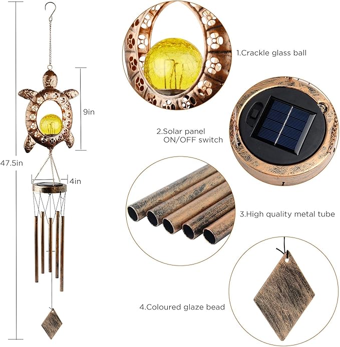 Solar Turtle Wind Chimes, Tortoise WindChimes, Light Windchime Outdoor, Moon Shape Light Outdoor,Garden Decor, Yard Decor, Gifts for Women, mom, Grandma