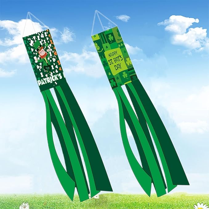 2PCS 40'' St. Patrick's Day Windsocks, Shamrock Wind Sock Flag Outdoor Decor, Saint Patrick's Day Holiday Hanging Flag for Yard Garden Patio Porch (Green)