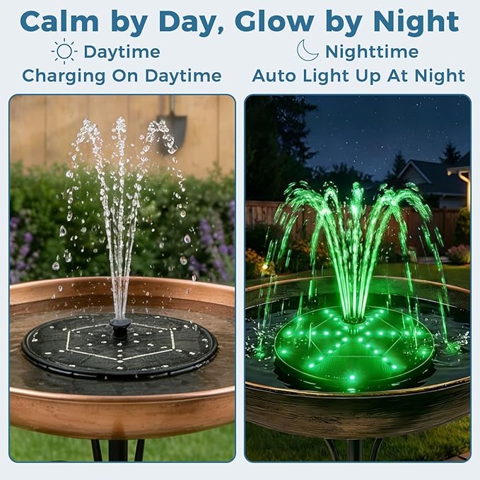 Solar Fountain for Bird Bath with Colorful LED Lights, Floating Solar Fountain, 3W Solar Powered Water Fountain Pump with Strong Spray & 5 Nozzles for Garden, Pond, Pool, 36 LED Lights
