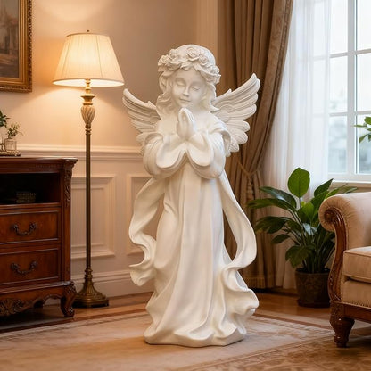 Garden Large-Sized Angel Statue, 25.9 x 12.5 x 10.2 inches, White Resin Outdoor Sculpture, Floor Mount Home Living Room Decoration