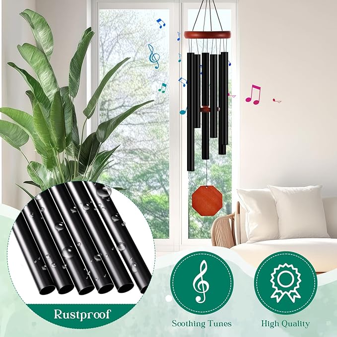 Leinuosen Wind Chimes for Outside Wind Chimes Outdoors Deep Tones 28" with 6 Aluminum Tubes Memorial Sympathy Windchime for Valentine Tree Decor Garden Courtyard Mom Loved One Gifts(Octagon,Black)