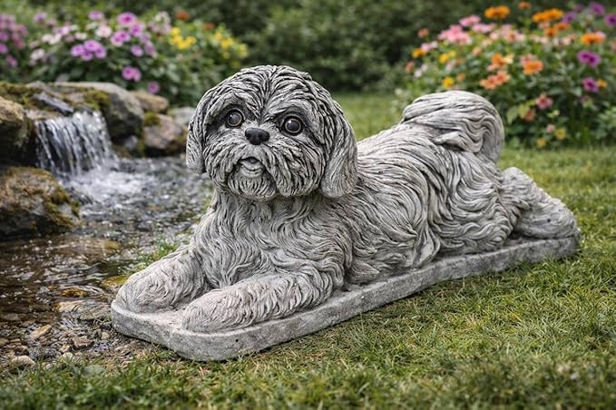 Shih Tzu Memorial Statue Yard Pet Memorial Puppy Sculpture Concrete Dog Figurine Painted Shih Tzu Statuary Pet Loss Gift Stone Grave Marker Lawn Ornament