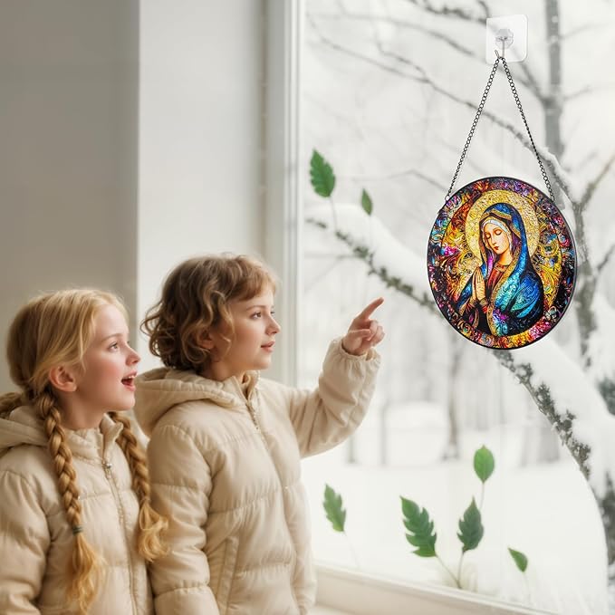 Suncatcher Stained Glass Window Hanging - Mother Mary Glass Panel with Metal Chain and Hooks Handmade Sun Catcher Decoration for Window Garden Home Christmas & Birthday Gifts (6.3 Inch)