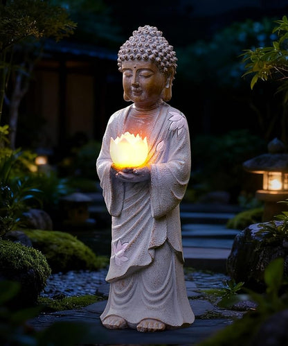 Nacome Solar Buddha Garden Statues with Lotus Flower: Resin Zen Decor Waterproof Sculpture Outdoor Light Design for Outside Patio Lawn Yard Balcony - 14.6 inches(White)