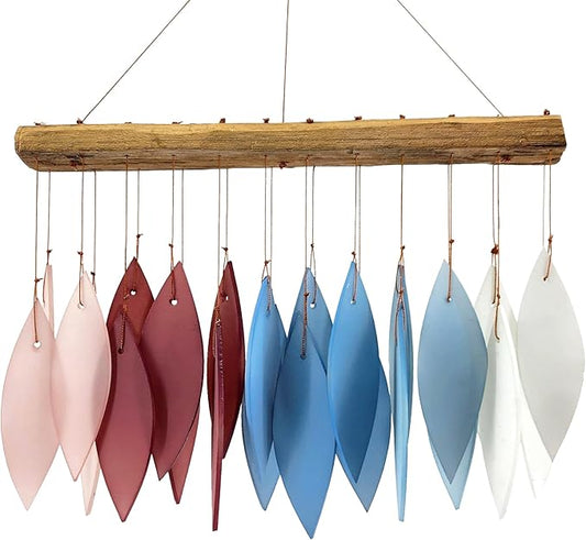 Blue Handworks New England Harbor Glass Chime, Sandblasted Glass and Found Wood Handcrafted Wind Chime