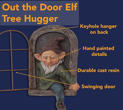 Bits and Pieces Elf Out The Window Yard Decorations Outdoor Tree Faces, 12 Inch Tree Hugger Whimsical Yard Decor, Elf, Fairy, Gnome Garden Decorations, Fun Garden Art