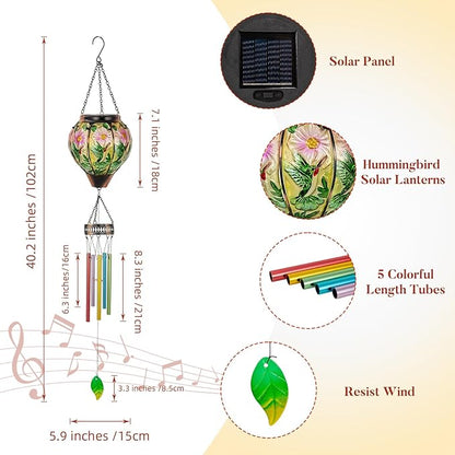 Hummingbird Wind Chimes,40.2” Solar Wind Chimes for Outside,Memorial Wind Chime with Lanterns,Solar Windchimes Outdoor for Mom Women Grandma,Hummingbird Hanging Windchime for Patio Yard Decor