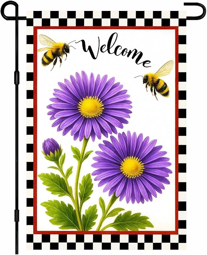 IVN Welcome Garden Flag 12x18 Inch Double Sided Spring Garden Yard Flags Bee Purple Daisy Decorative Small Flags for Outdoor Seasonal Front Door Lawn Porch Patio Decor Yard Flag
