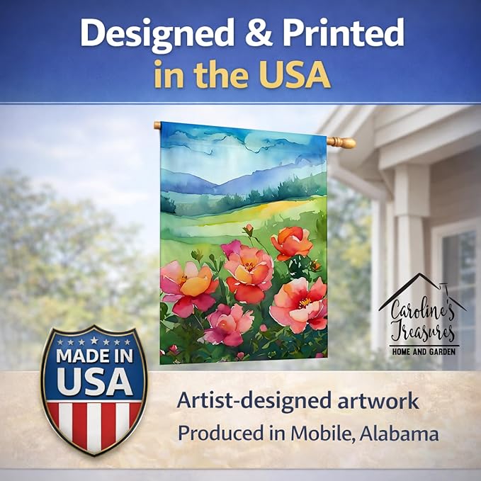 Caroline's Treasures Iowa Wild Prairie Roses in Watercolor House Flag Large Porch Sleeve Pole Decorative Outside Yard Banner Artwork Wall Hanging, Polyester, House Size, Multicolor