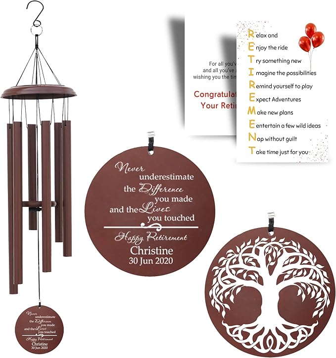 PORTHO Custom Retirement Wind Chime, Tree of Life, Bronze Colour, Persoalized Metal Wind Chimes, Custom Retirement Gifts for Men, Women, Teacher, Co-Worker, Colleague, Nanny, Boss, Veterans