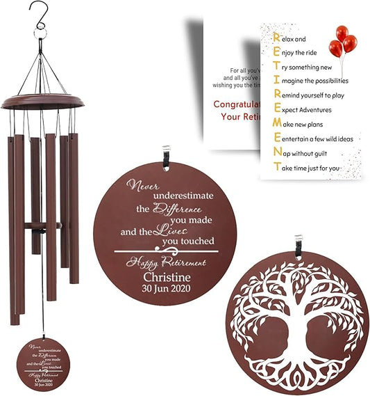 PORTHO Custom Retirement Wind Chime, Tree of Life, Bronze Colour, Persoalized Metal Wind Chimes, Custom Retirement Gifts for Men, Women, Teacher, Co-Worker, Colleague, Nanny, Boss, Veterans