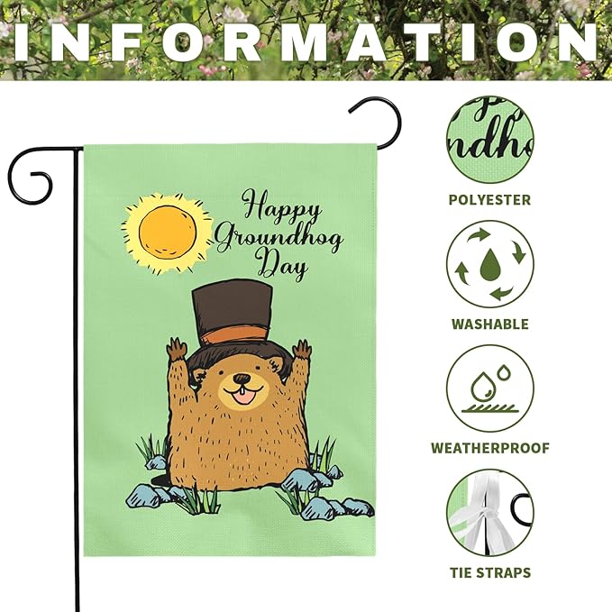 Happy Groundhog Day Garden Flag 12x18 Inch Double Sided Cute Groundhog with Top Hat and Sunshine Design Spring Outdoor Yard Flags Funny Holiday Porch Lawn Durable Banner for Home Garden Décor
