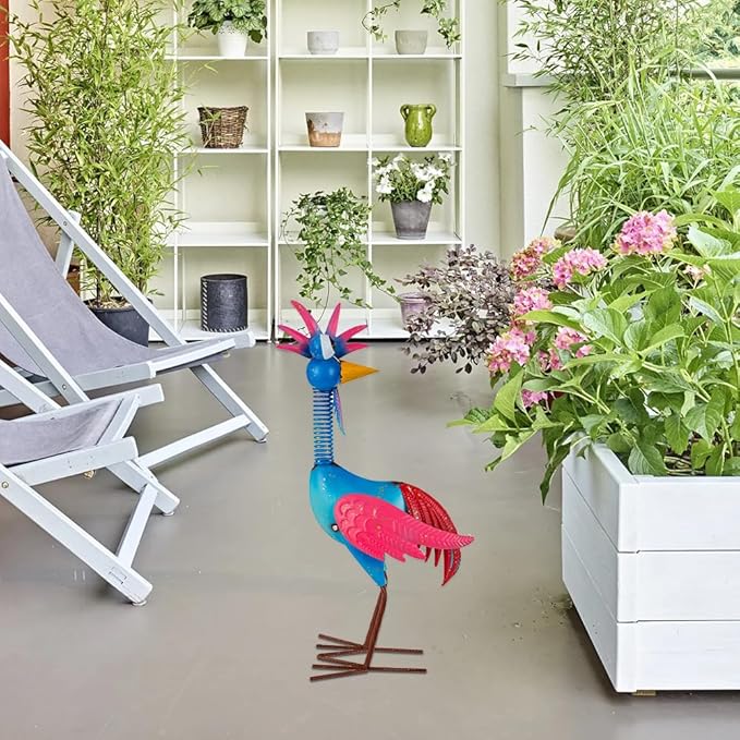 Metal Wacky Rooste Garden Statue, Rooster Decor Yard Statue Decorations Outdoor, Chicken Yard Art for Outside, Patio, Backyrad, Lawn (Blue & Pink)