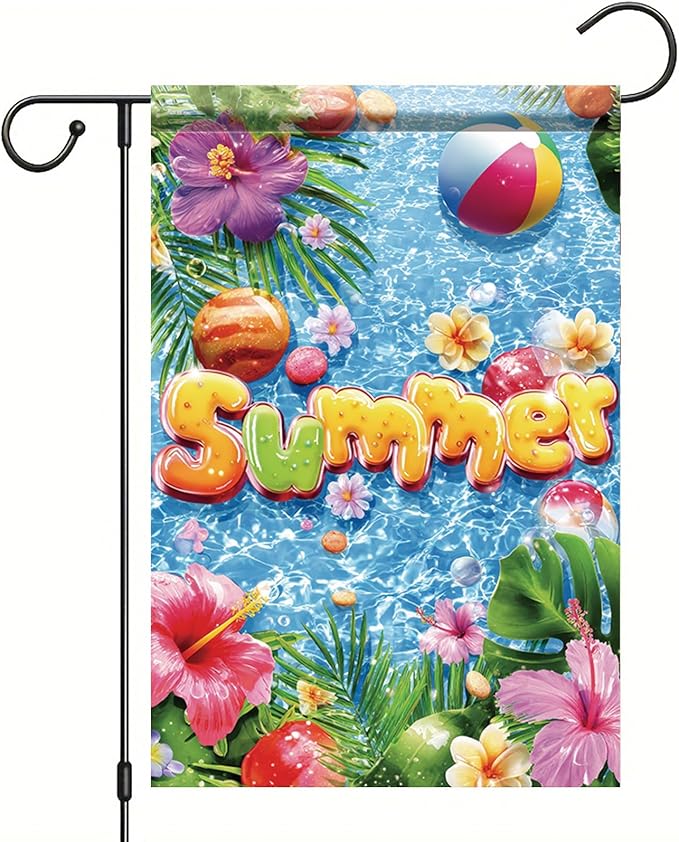 Summer Garden Flag 12x18 Inch Colorful Summer Pool Tropical Flowers Beach Ball Water Design Outdoor Yard Porch Lawn Patio for Seasonal Coastal Home Decor