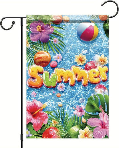 Summer Garden Flag 12x18 Inch Colorful Summer Pool Tropical Flowers Beach Ball Water Design Outdoor Yard Porch Lawn Patio for Seasonal Coastal Home Decor
