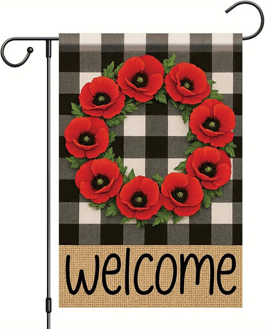 Buffalo Plaid Welcome Wreath Garden Flag Red Poppy Flower Flag 12x18 Double Sided Tropical Yard Flowers Floral Decor for Spring Summer Fall Outdoor Porch Patio Lawn Farmhouse