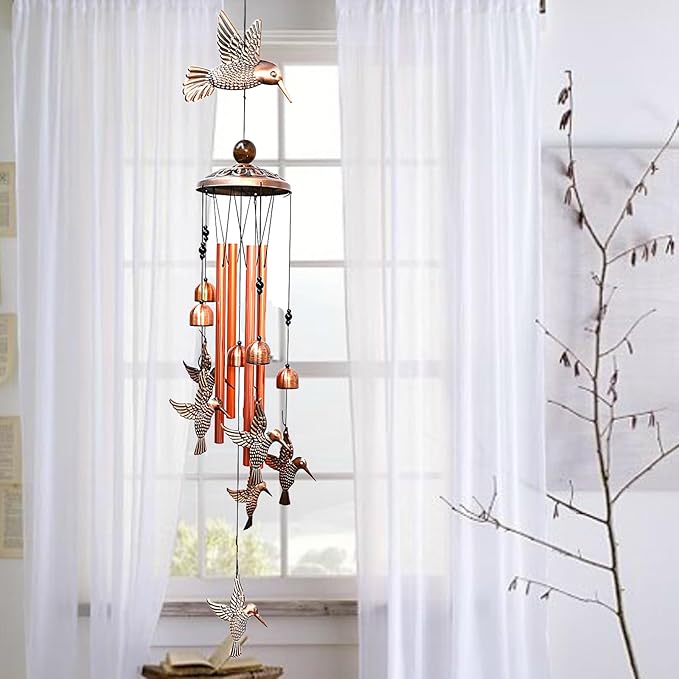 Hummingbird Wind Chimes Outdoor Indoor Decor, with 4 Aluminum Tubes 6 Bells 7 Hummingbirds, Mobile Wind Catcher, Memorial Windchimes for Home, Xmas Mom Gifts, Festival, Balcony, Garden Decoration