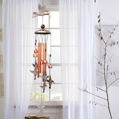 Hummingbird Wind Chimes Outdoor Indoor Decor, with 4 Aluminum Tubes 6 Bells 7 Hummingbirds, Mobile Wind Catcher, Memorial Windchimes for Home, Xmas Mom Gifts, Festival, Balcony, Garden Decoration