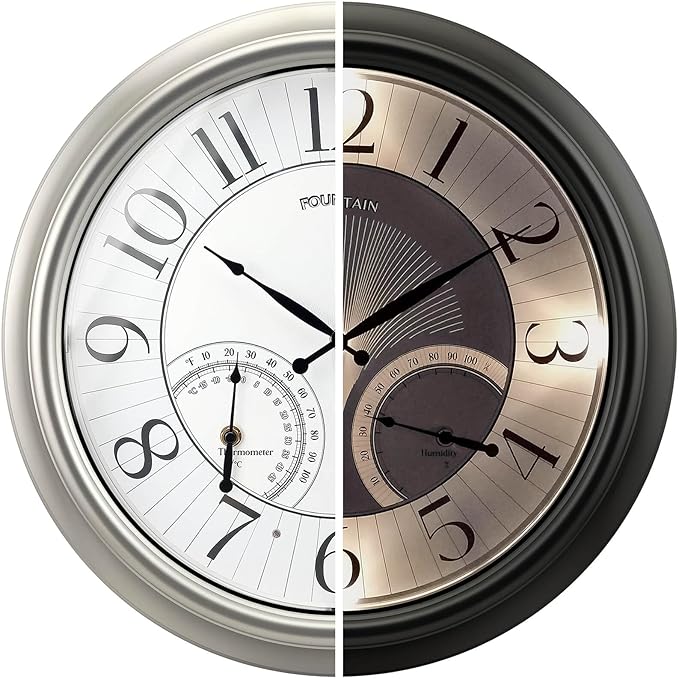 18" Illuminated in/Outdoor Clock with Smart Sensor and Night Light, Waterproof, Large Wall Clock with Thermometer & Hygrometer, for Garden,Pool and Patio Decor (Morning Silver)