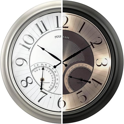 18" Illuminated in/Outdoor Clock with Smart Sensor and Night Light, Waterproof, Large Wall Clock with Thermometer & Hygrometer, for Garden,Pool and Patio Decor (Morning Silver)