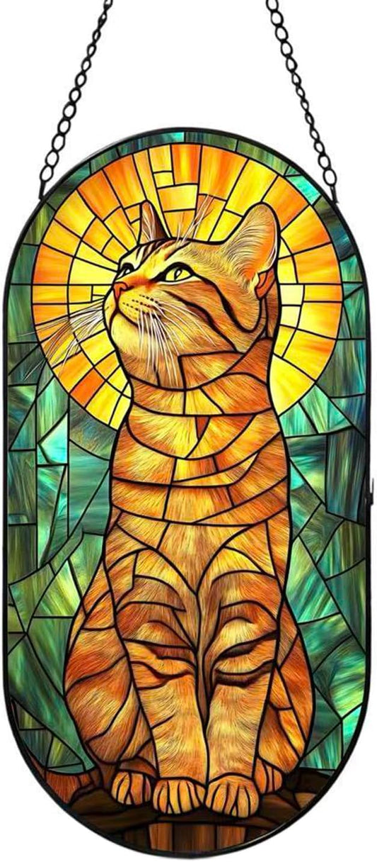 Stained Glass Window Hanging, Curious Orange Tabby Suncatcher for Window Door Wall Kitchen Office Garden Porch Decoration, Gifts for Women, Men, Mom, Father, Mother's Day Birthday