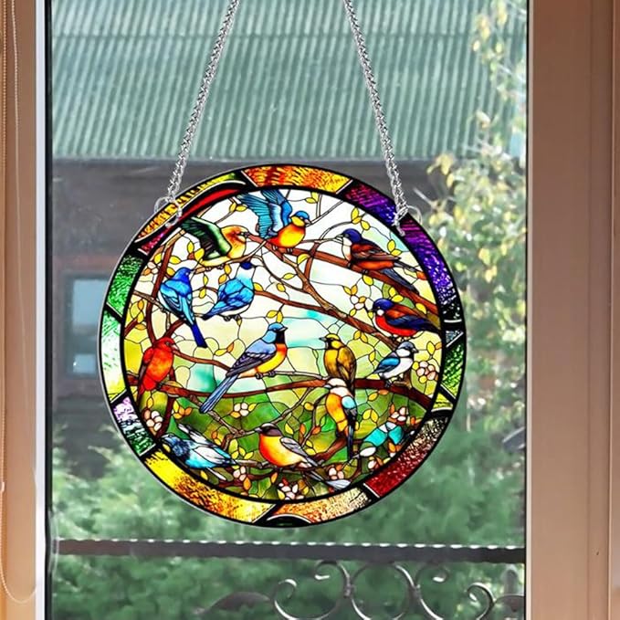 7.9'' Acrylic Window Hanging Decor,Stained Panel Hangings Decorative Acrylic Wall Decor Colorful Ornament Window Hangings for Outdoor Indoor Decor(Birds Concert)