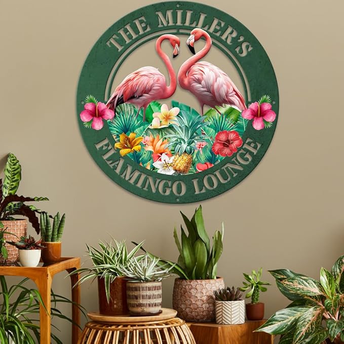 MeMate Flamingo Metal Sign, Outdoor Décor for Backyard, Patio, Pool, Kitchen, Lounge, Personalized Name Outdoor Sign, Pink Metal Sign Housewarming Gift for Family Friend