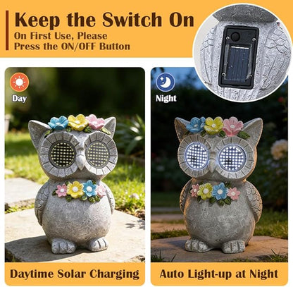 Outdoor Solar Garden Statue, Dynamic LED Light with Flower Sculpture, Art Decor for Patio Porch Lawn Backyard, Housewarming Gifts for Women (Stone Owl)
