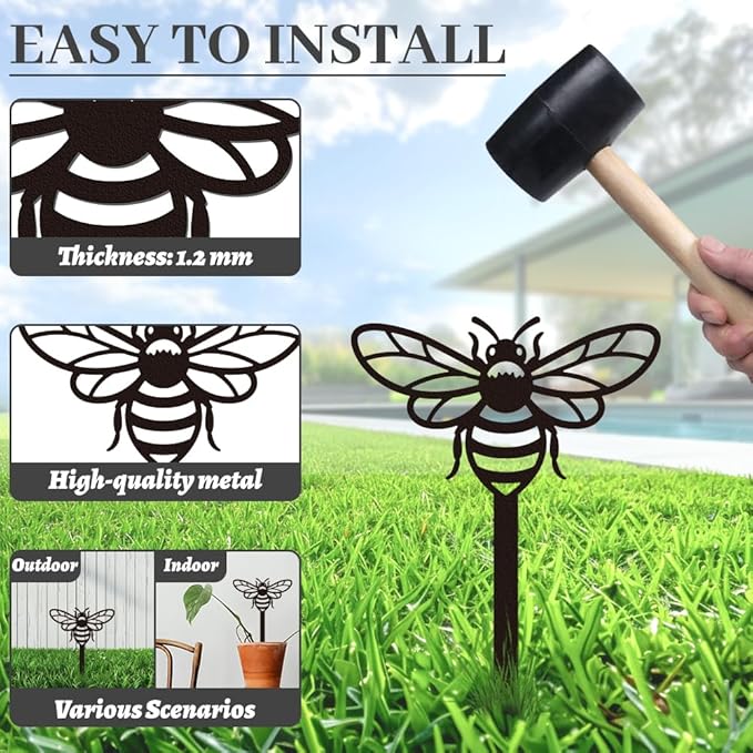 WADORN Bee Metal Yard Stakes Spring Decor, 10.6" Bee Outdoor Statues Silhouette Black Cute Bees Yard Art Stakes Bees Lover Gifts Indoor Outdoor Ornaments Decoration for Garden Patio Backyard Lawn