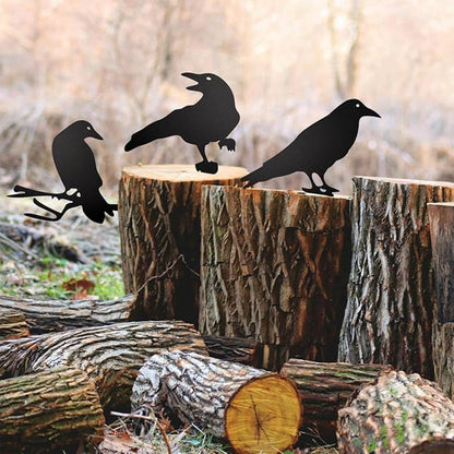 Black Metal Raven Decor ，3PCS Outdoor Raven Yard Fence Decorations ，Metal Birds Craft Ornaments Garden Fence Topper Outdoor Yard Art