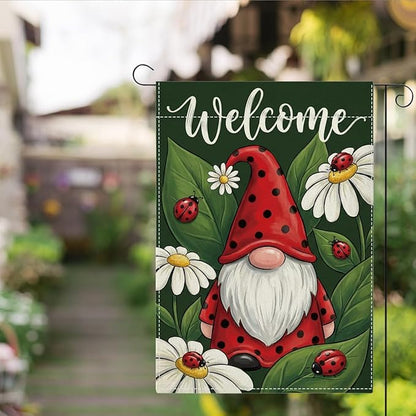 Welocome Spring Summer Seven Spotted Ladybug Gnome Garden Flag Daisy Flowers Spring Garden Flag Decor Summer Double Sided House Flag for Outside Yard Decorations 12×18 Inch