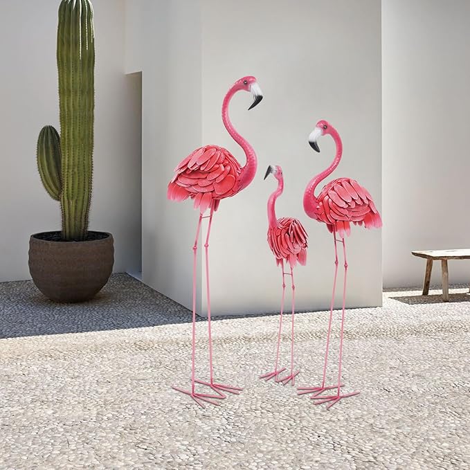 3Pcs Flamingo Outdoor Statues, Metal Flamingo Decorative Garden Sculpture with Stable Base Plate Standing Garden Statues for Home Patio Yard Display, 35", 42", 47" H, Pink