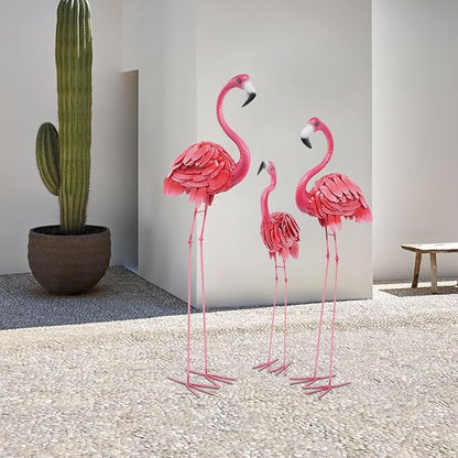 3Pcs Flamingo Outdoor Statues, Metal Flamingo Decorative Garden Sculpture with Stable Base Plate Standing Garden Statues for Home Patio Yard Display, 35", 42", 47" H, Pink