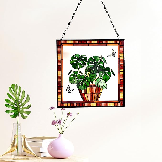Monstera and Butterflies Stained Glass Suncatcher Panel 7.8x7.8 inches Square Window Hanging Panel for Home Decor Handcrafted Real Glass Window Art for Wall or Garden