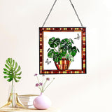 Monstera and Butterflies Stained Glass Suncatcher Panel 7.8x7.8 inches Square Window Hanging Panel for Home Decor Handcrafted Real Glass Window Art for Wall or Garden
