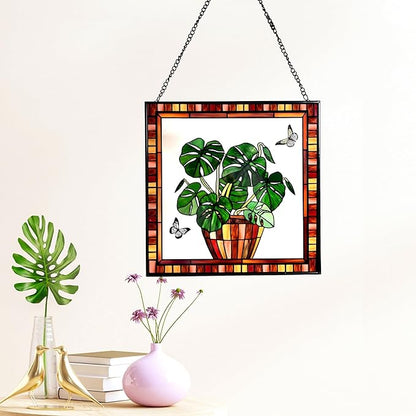Monstera and Butterflies Stained Glass Suncatcher Panel 7.8x7.8 inches Square Window Hanging Panel for Home Decor Handcrafted Real Glass Window Art for Wall or Garden