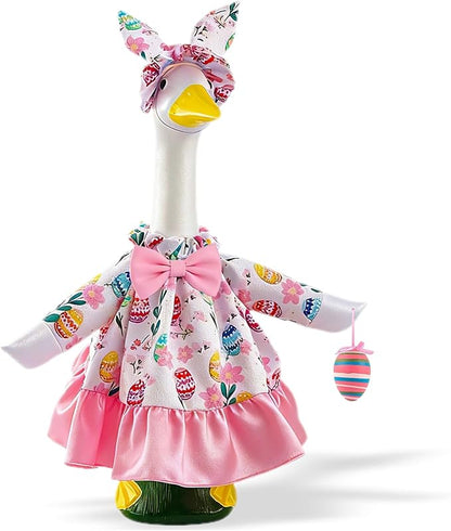 Easter Outfit for Porch Goose, Bunny Ear Hat with Easter Egg, Pink Dress Fit 17-23 Inch Goose Decoration, Holiday Costume for Front Porch Lawn Garden