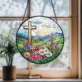 8 Inch Stained Glass Cross Suncatcher for Window Hanging, Stained Glass Windows Hanging Religious Gifts for Women, Sun Catcher for Home Garden Decor, Baptism, Memorial (Cross & Wildflowers)
