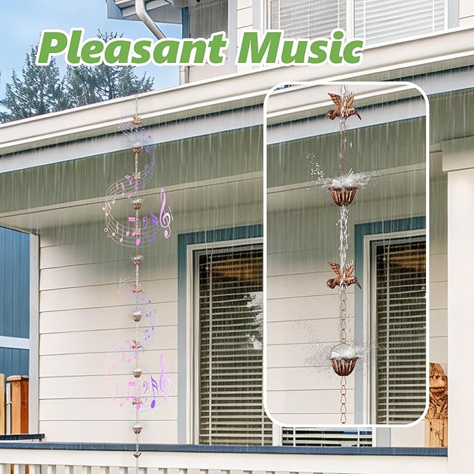 Joyzan Rain Chains for Gutters Outside, 8.5FT Adjustable Rain Catcher Chain with Wide Flared Cups Hummingbird Decor Stable Downspout Alternative for Smooth Water Flow Outdoor Garden Eaves Drainage